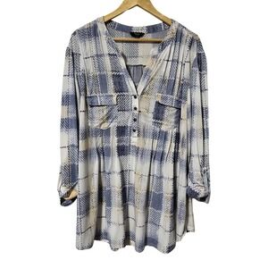 Cocomo Artsy Windowpane Jersey Top Plus Size 3X Blue Roll‎ Tab Sleeve Career